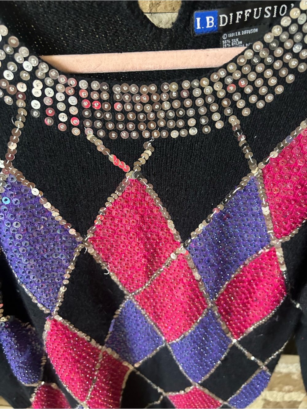 Vintage Retro IB Diffusion Studded Argyle Silk Angora Lambswool Sequin Sweater - Picture 4 of 6